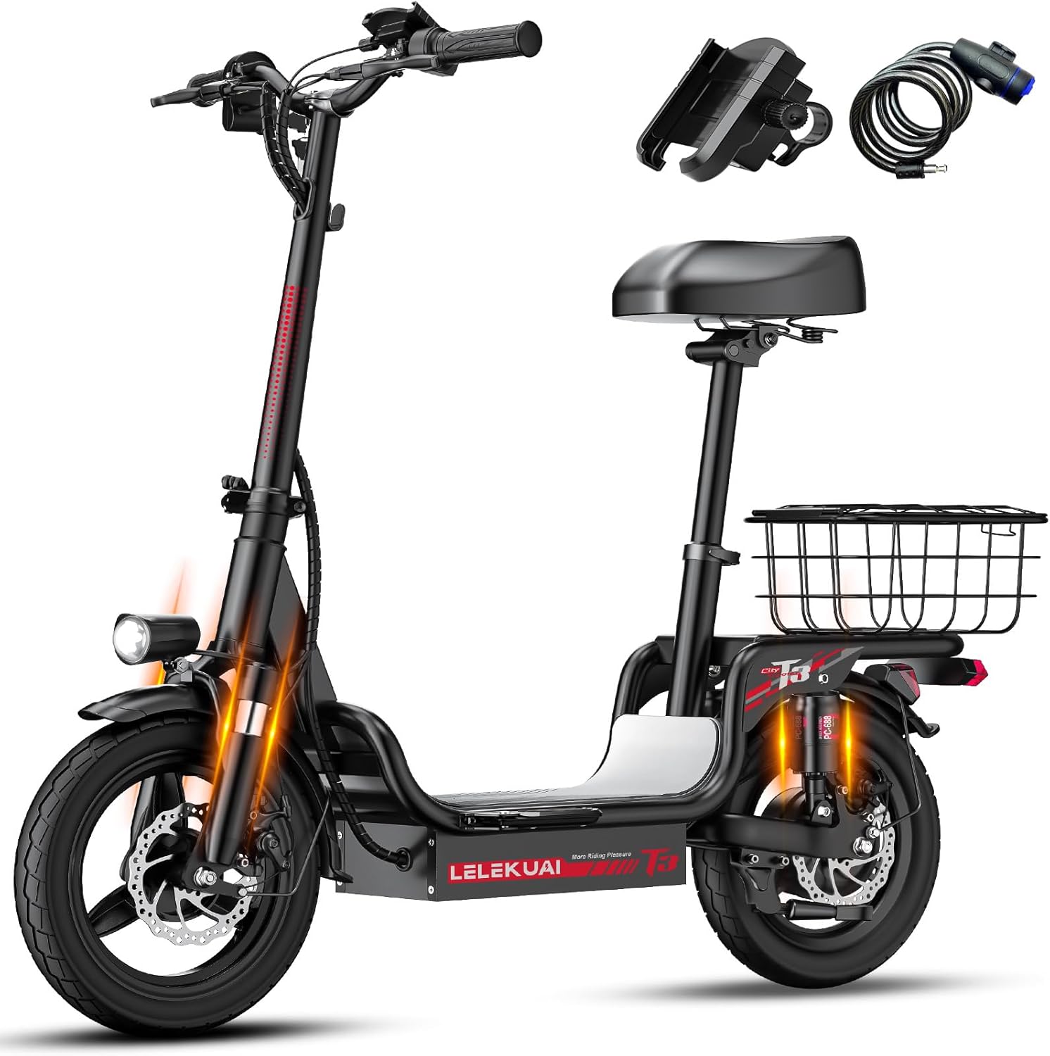 Heavy Duty Electric Scooter with Seat for Adults – 500 lbs Capacity Commuter E Scooters, 20MPH, 480W Motor, 30-Mile Range, Dual Suspension, Foldable Powered Mobility Scooter with 14