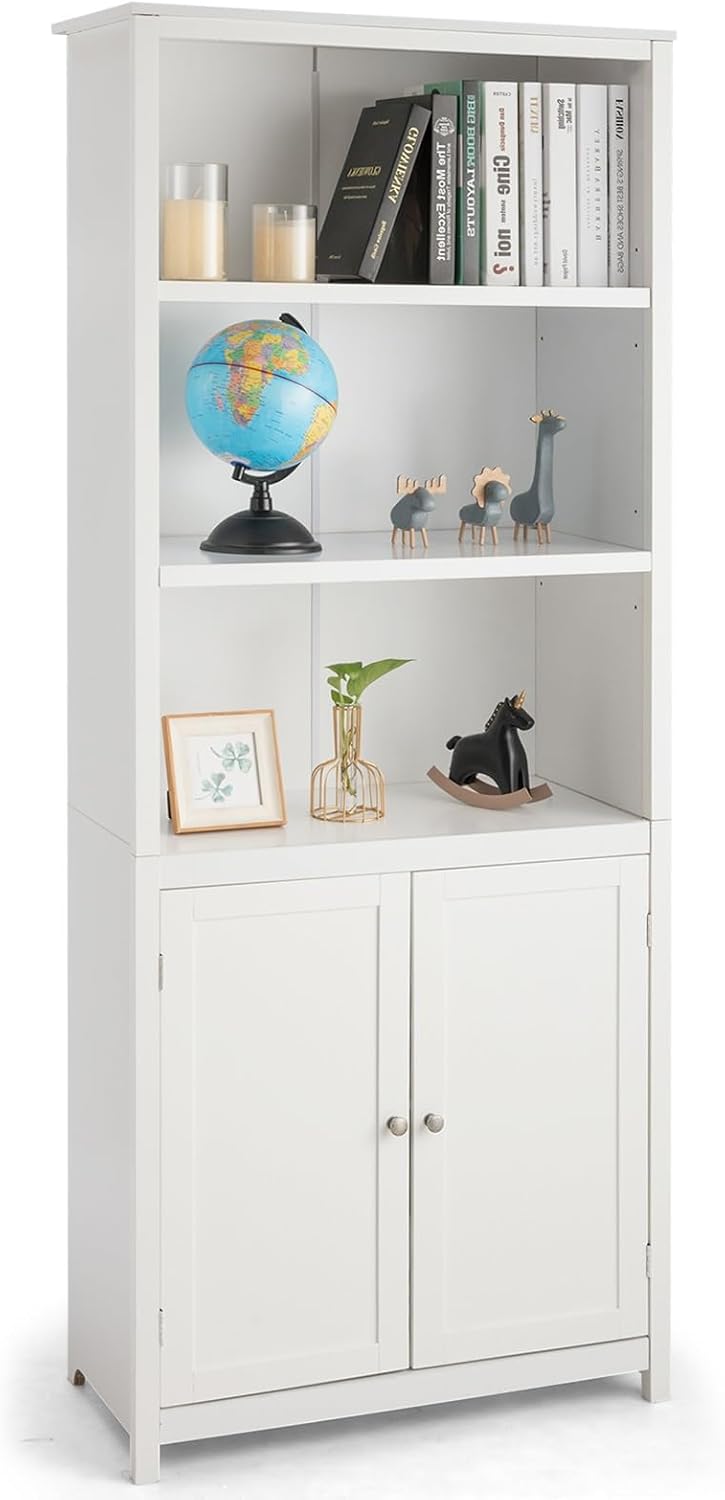 Wenst'sKufAN Nightcore 5-Tier Bookcase with Doors, Floor Standing Bookshelf with Storage, Adjustable Shelves, Pantry Cabinet, Wooden Display Shelf for Home, Office, Living Room, Bedroom (White)