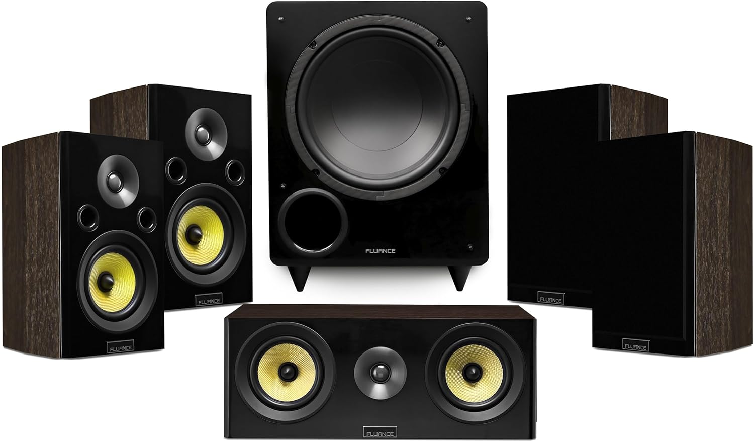Fluance Signature HiFi Compact Surround Sound Home Theater 5.1 Channel Speaker System Including 2-Way Bookshelf, Center Channel, Rear Surround Speakers and DB10 Subwoofer - Natural Walnut (HF51WC)
