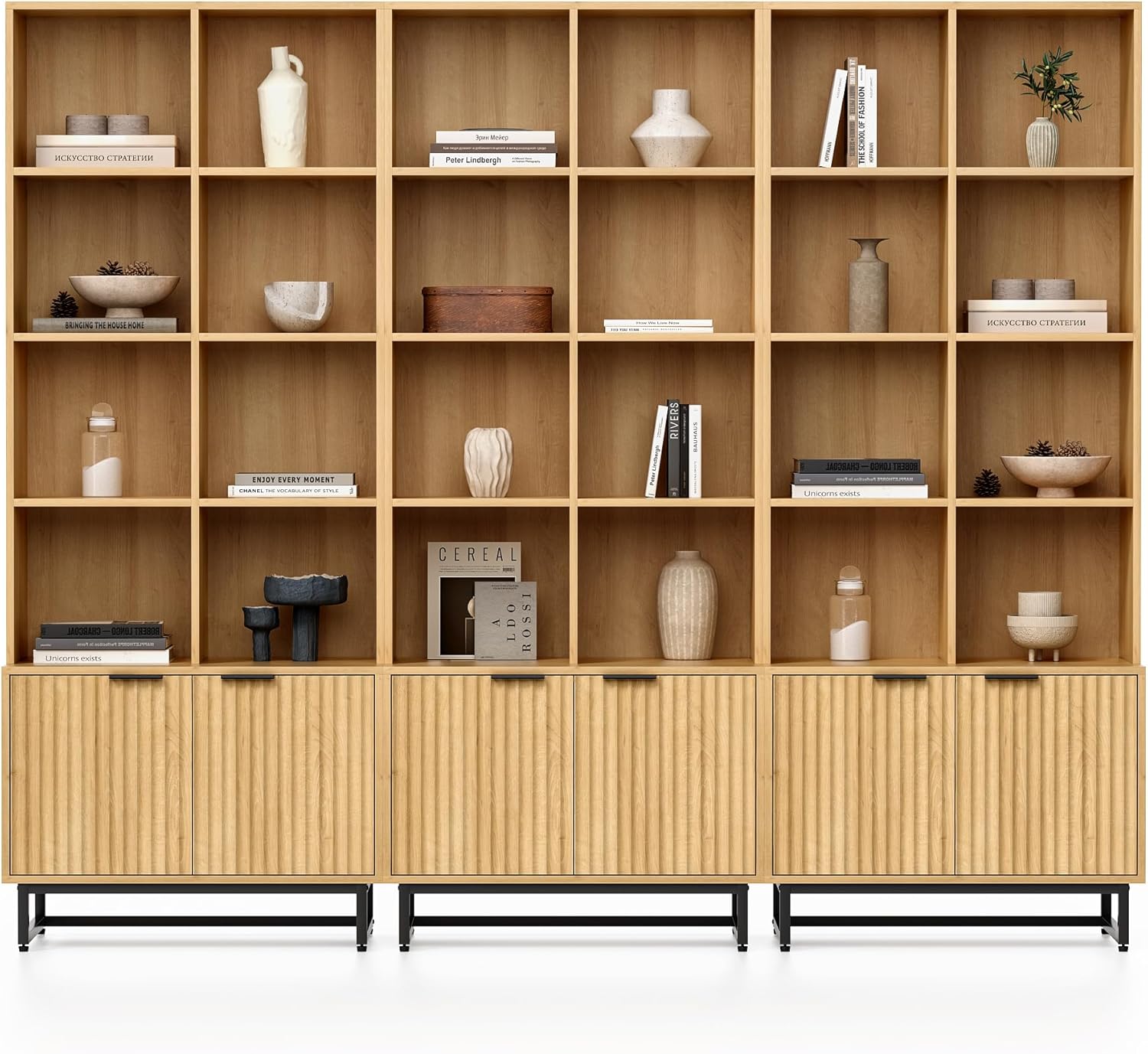 MoomJiee Fluted Bookshelf with Doors Set of 3, 71'' Tall Bookcase 6 Tier Display Cabient with Adjustable Shelves Farmhouse Bookshelves with Storage for Living Room Home Office, Natural Oak/2-Door