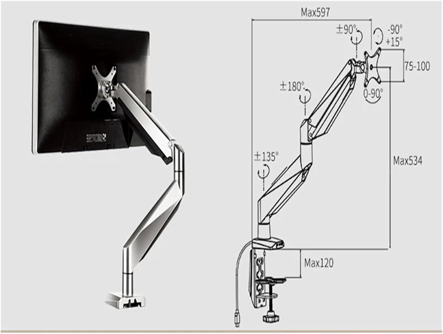 D7H Aluminum Gas Spring Fully Dynamic Desktop Monitor Stand PC Mounting Arm Load 9-20kg