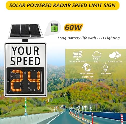 60x90cm Solar Radar Speed Sign, 24GHz Traffic Display, IP56 Waterproof, Long-Range Detection (0-300m), Highway & Speed-Limited Road Safety Sign, Enhanced Visibility
