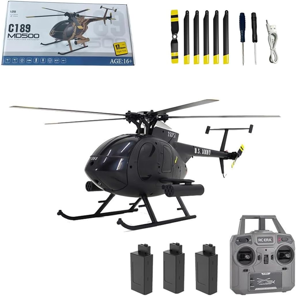 Hanll MD500 C189 Remote Control Helicopter for Adults, 1/28 Scale 2.4G 4CH Little Bird Single-Rotor with 6-Axis Gyro and Brushless Motor, RC RTF Altitude Hover Aircraft, 3 Batteries
