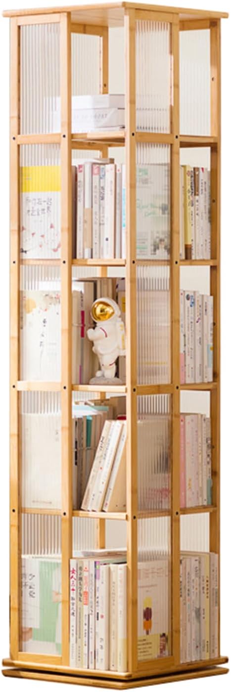 5 Tier 360° Rotating Bookshelf Tower with Acrylic Windows, Small Narrow Corner Bookcase for Small Spaces, Office Spinning Bookshelf, Book Organizer Storage Rack for Bedroom Living Room (Wood Colour)