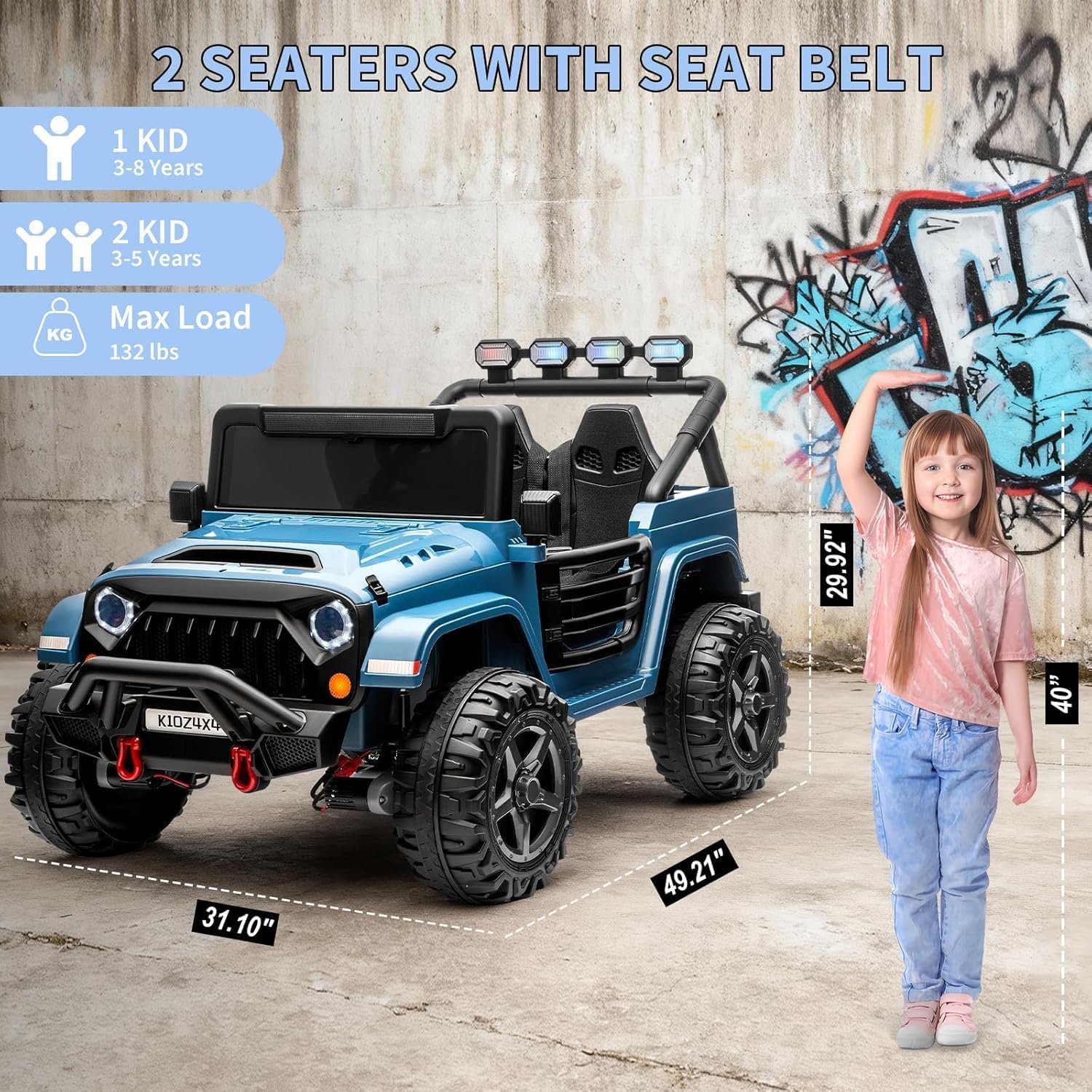 24V Ride on Toys for Big Kids, 2 Seater Ride on Cars with Remote Control, Ride on Truck w/ 4-Wheeler Suspension, 3 Speeds, Led Lights, Bluetooth Music Player