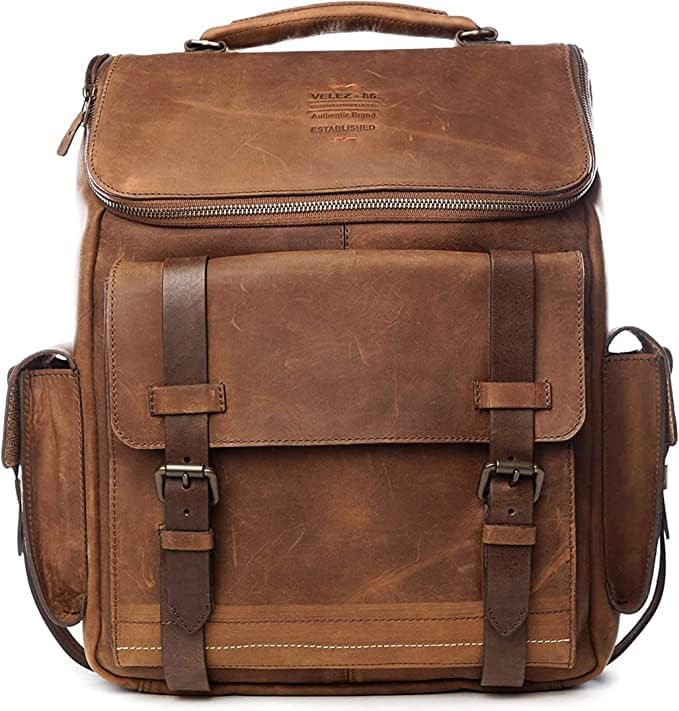 VELEZ Top Grain Leather Backpack for Men Brown Designer Bookbag Business Casual Shoulder Bag + Mens Messenger Laptop Bag travel Briefcase Computer Bags
