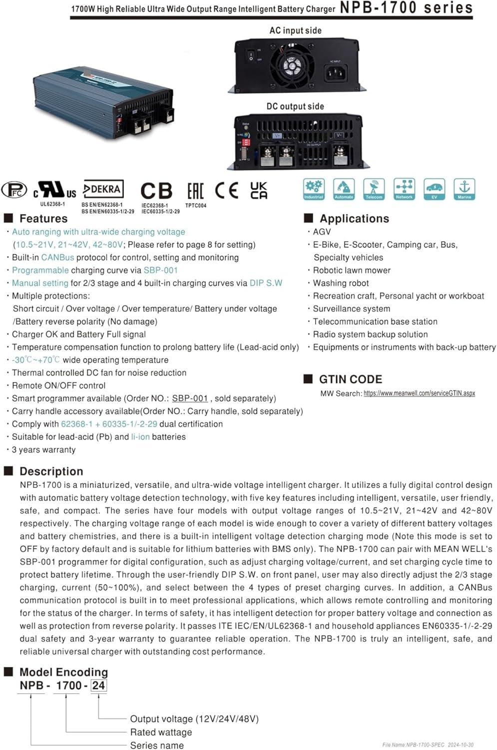 1700W Output Battery Charger NPB-1700-12 NPB-1700-24 NPB-1700-48 NPB-1700(NPB-1700-12)