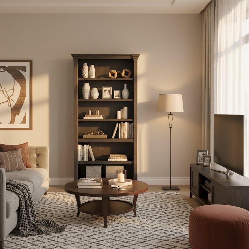 Starlight Wood Open Bookcase, 3 Adjustable Shelves, Fixed Shelf, Fully Assembled, Distressed Dark Brown Finish, 78-Inch Tall