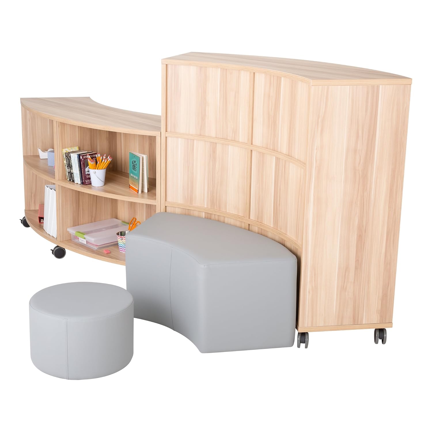 Learniture Curved Mobile Shelving/Bookcase, Six Openings, Dark Natural, LNT-AVO3001DM-SO