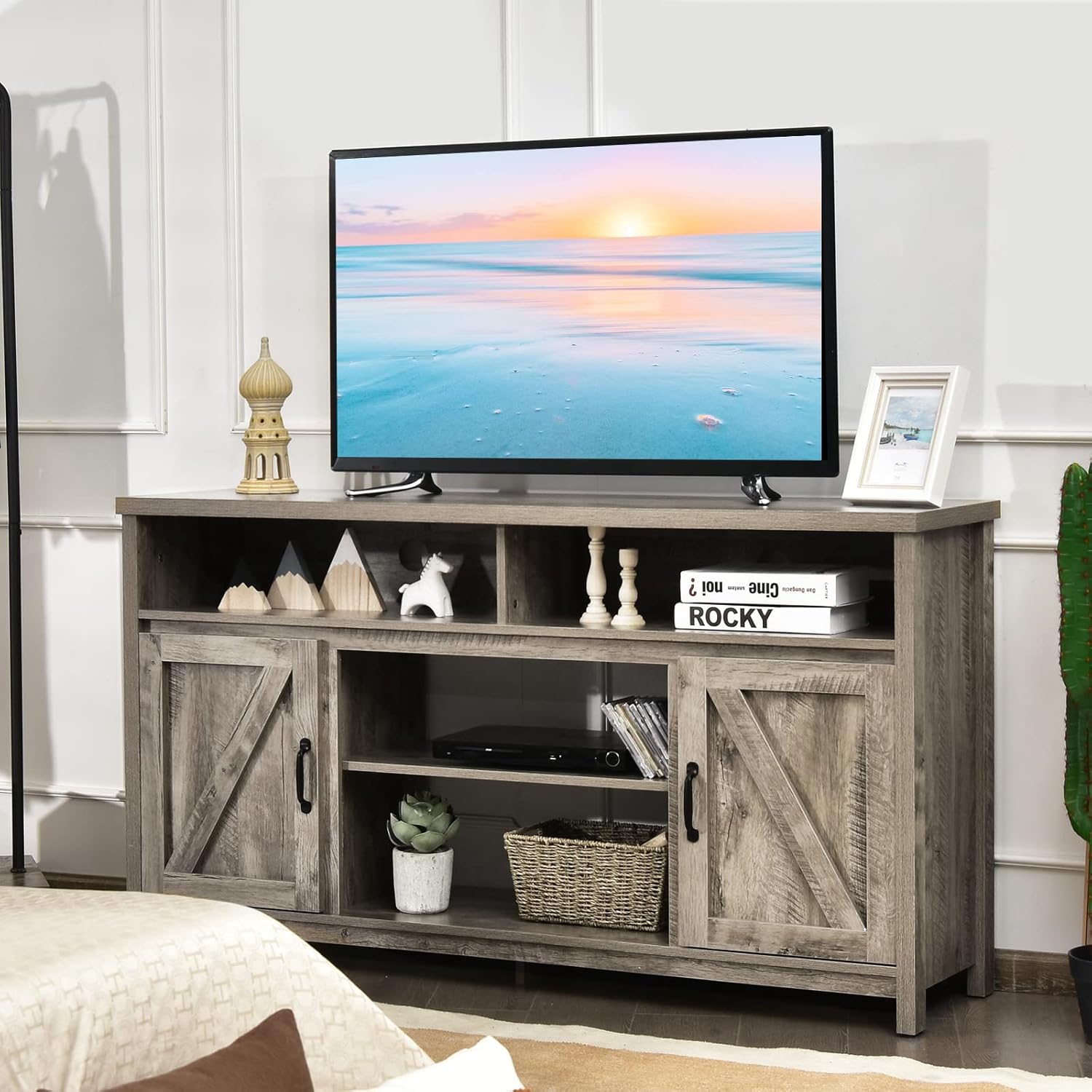 Tangkula Modern Farmhouse TV Stand with Double Barn Doors