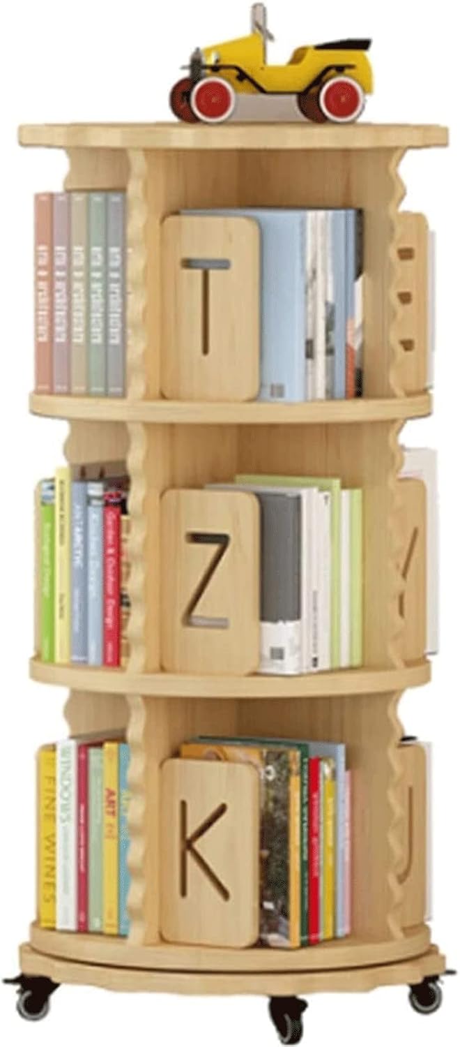 ABGRC Bookcase 360° Rotating Bookcase with Letters Baffle Solid Wood Bookshelf Double-Layer Chassis Design Display Shelves for Bedroom Stable