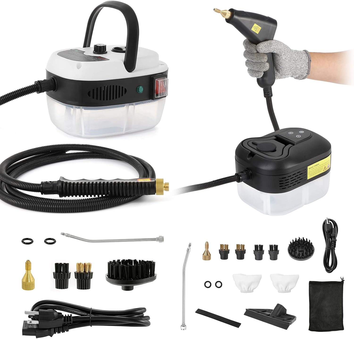 BEAMNOVA White 1L 2500W Car Steamer for Auto Detailing High Pressure Handheld Steam Cleaner + 1.2L Black Steam Cleaner