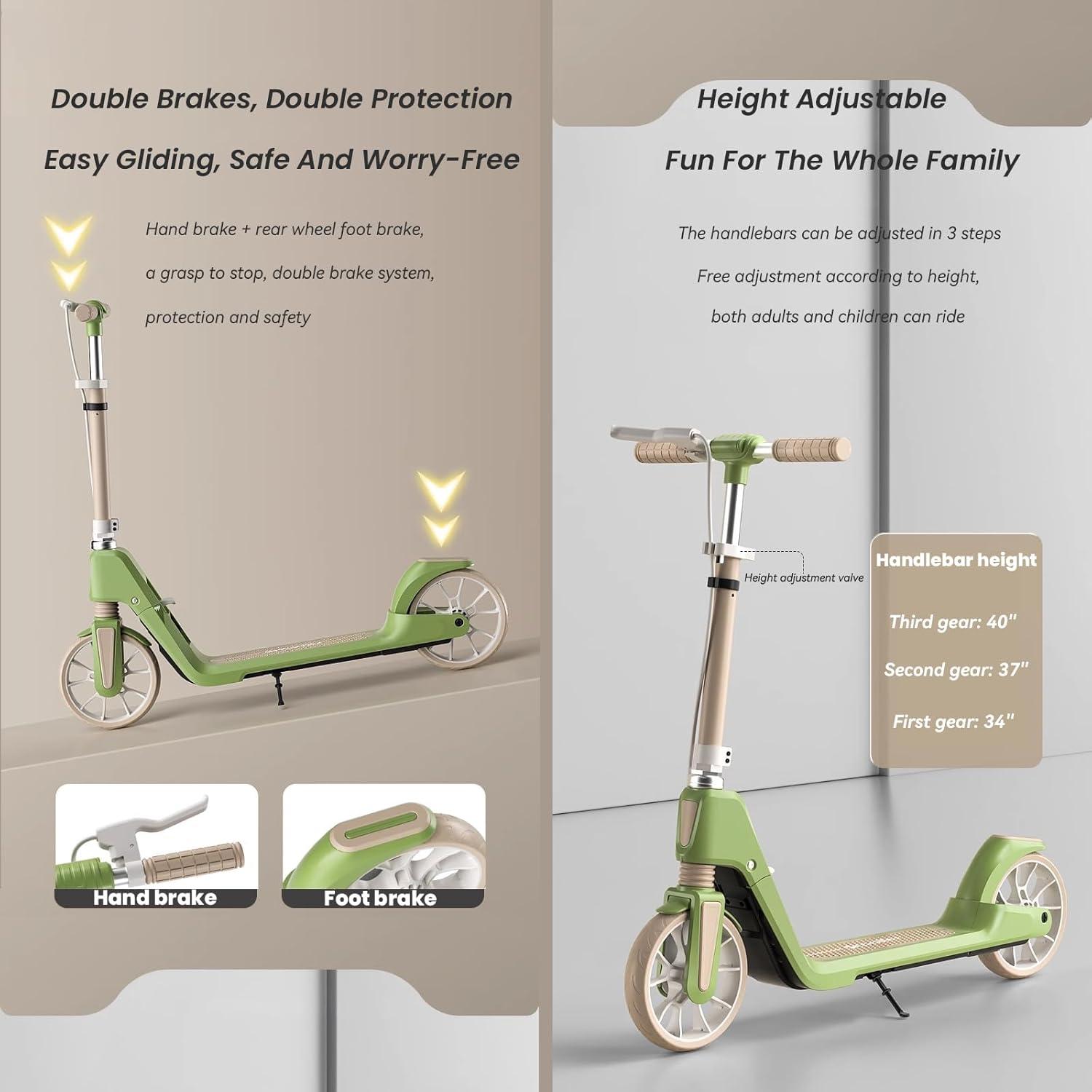 Folding Kick Scooter for Kids Teens and Adults,Adjustable Helght,Non-Slip Deck,Dual Brakes System,Best Gift for Age 6 Up Kids Girls Boys Teens, 220Lb Weight Limit