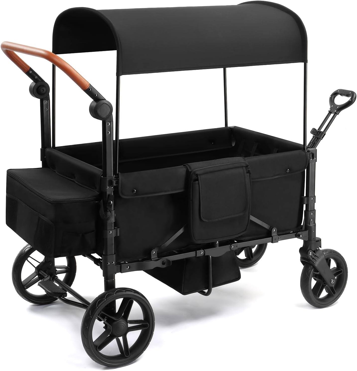 Stroller Wagon for 4 Kids, Foldable All Terrain Wagon for Kids, with Removable Canopy, Adjustable Push and Pull Handle, 5 Point Harnesses, Large Storage Bag (Black)