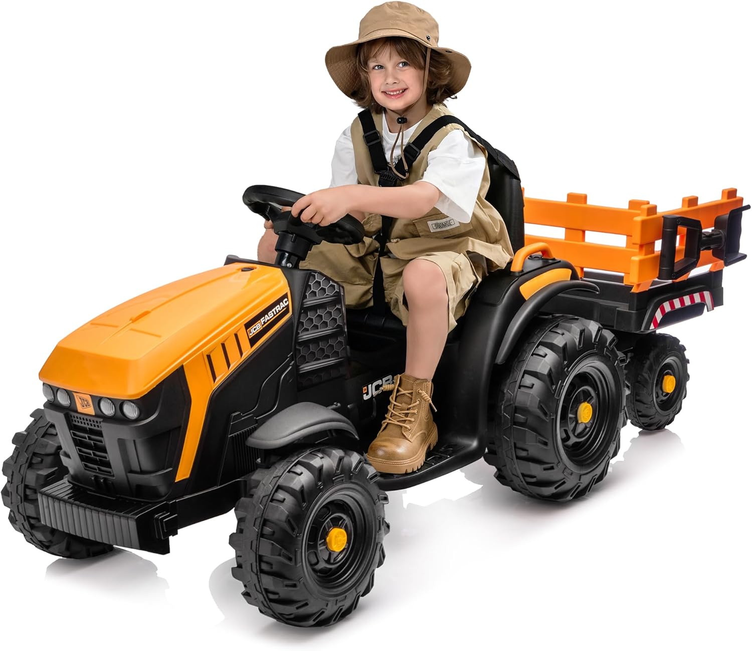 Licensed JCB 24V Kids Tractor Ride on Car, 24 Volt Ride on Toy for Big Kids with Trailer, Remote Control, 2x200W Motors - Yellow