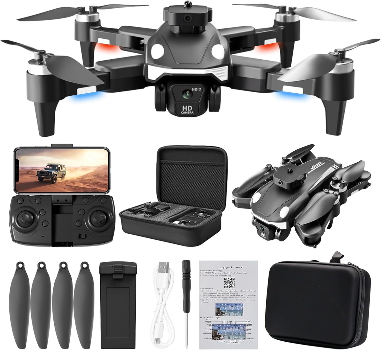 Drone with Camera, Brushless Motor Mini Drone RC Quadcopter with Altitude Hold, Headless Mode Portable Foldable Drones with Carrying Case