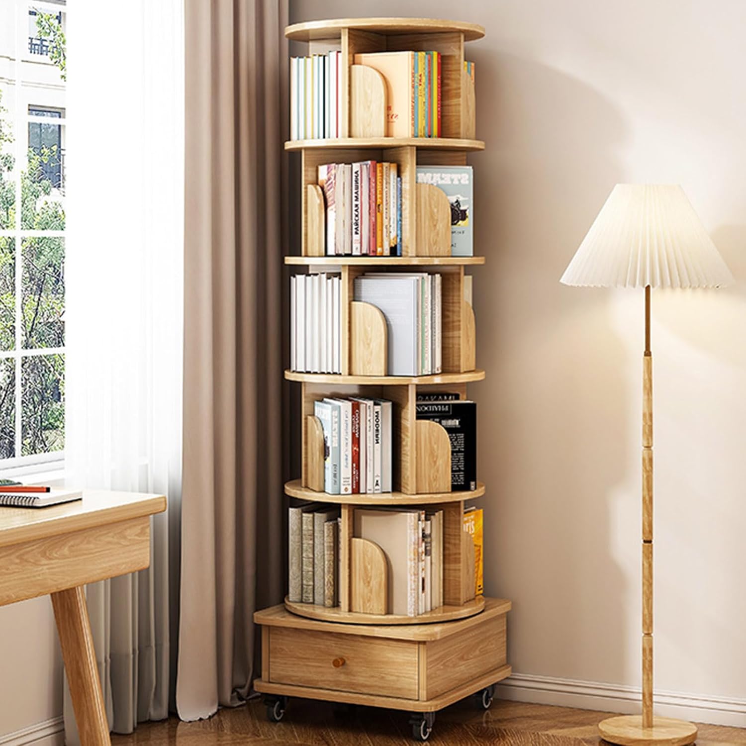 TBFAZDEL Rotating Bookcase Wood Bookshelf with Storage Drawer Corner Rotating Bookshelf Display Tier Revolving Bookcase