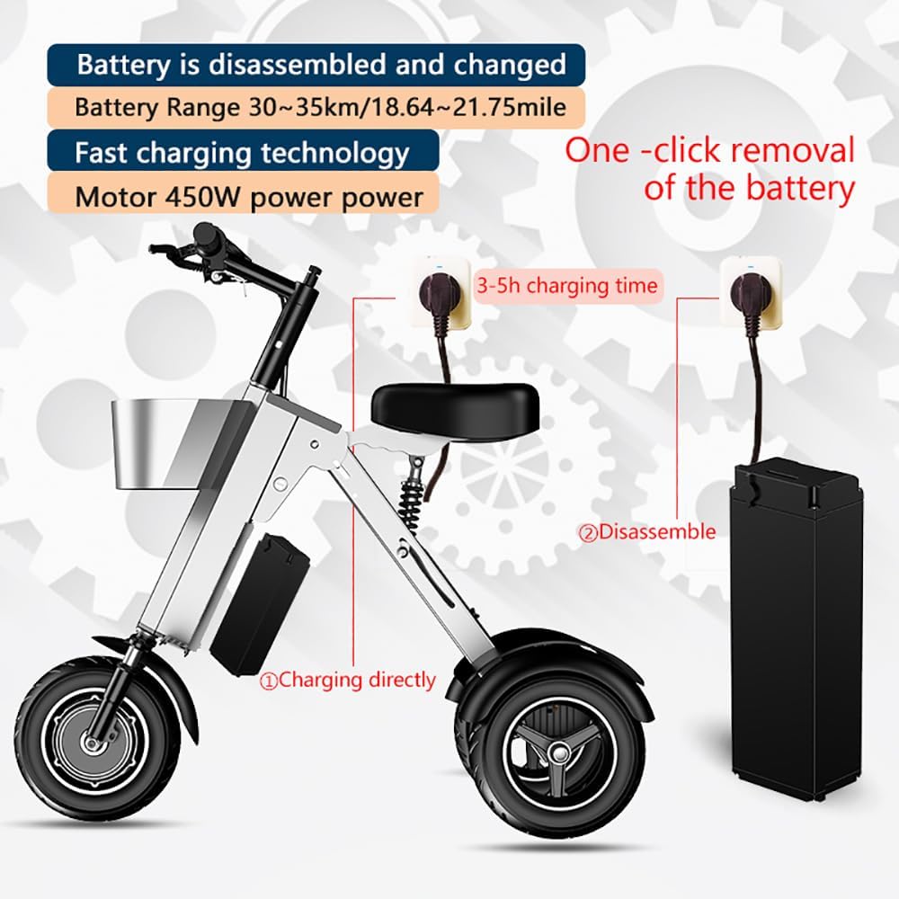 3 Wheel Electric Scooter for Adults,Folding Electric Trike Lightweight,450W Motor,Simple and Convenient to use,Foldable with seat Mobility Scooters for Seniors,Used for Commute and Travel