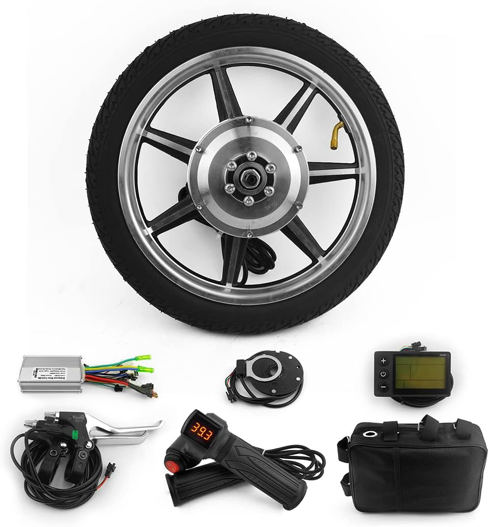 L-faster 14 Inch 350W Brushless Geared Hub Motor Mag Wheel with Tire PAS Accelerator for Front Drive Scooter Small Bike Bicycle with tire(48V Handle Throttle)