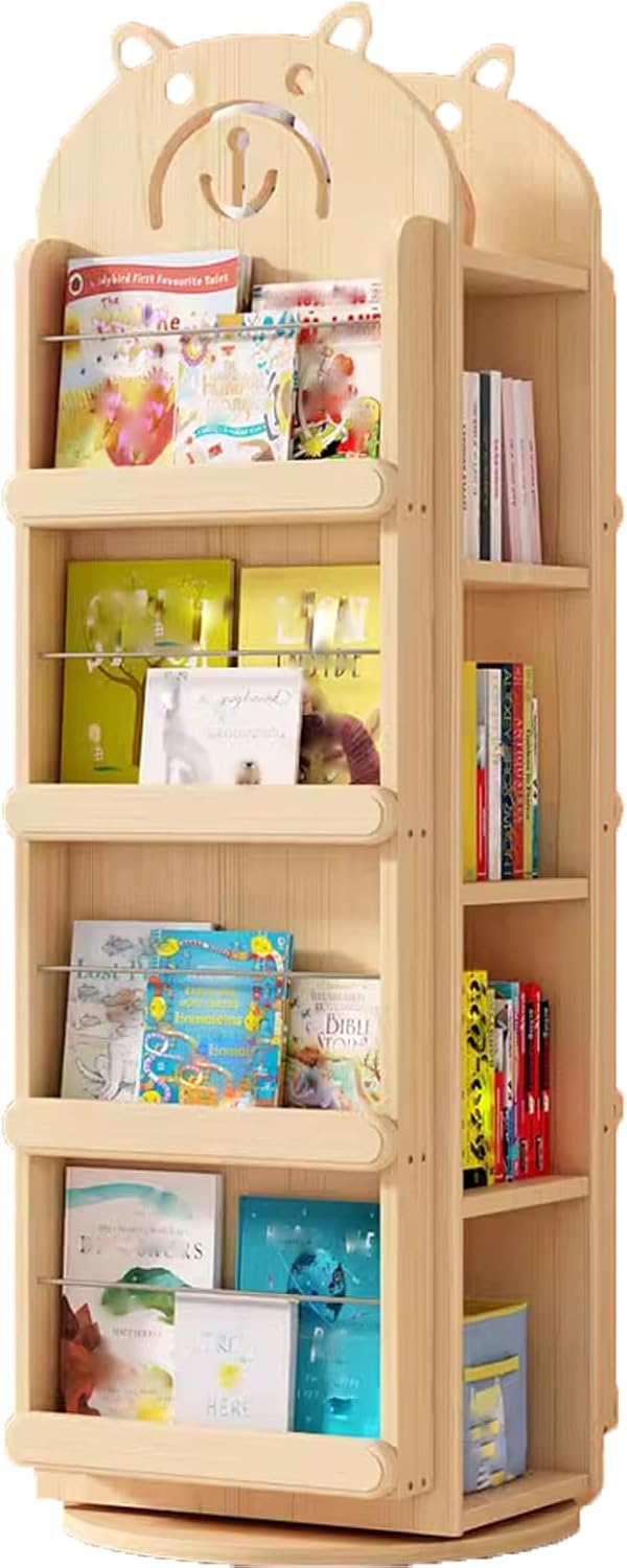 JCHENGS Wood Storage Rack for Kids Children's,360 Display 3/4 Tier Floor Standing Bookcase Storage Rack,Picture Book Stand for Bedroom, Living Room,Rotating Bookshelf (Oak Color 4th Floor)