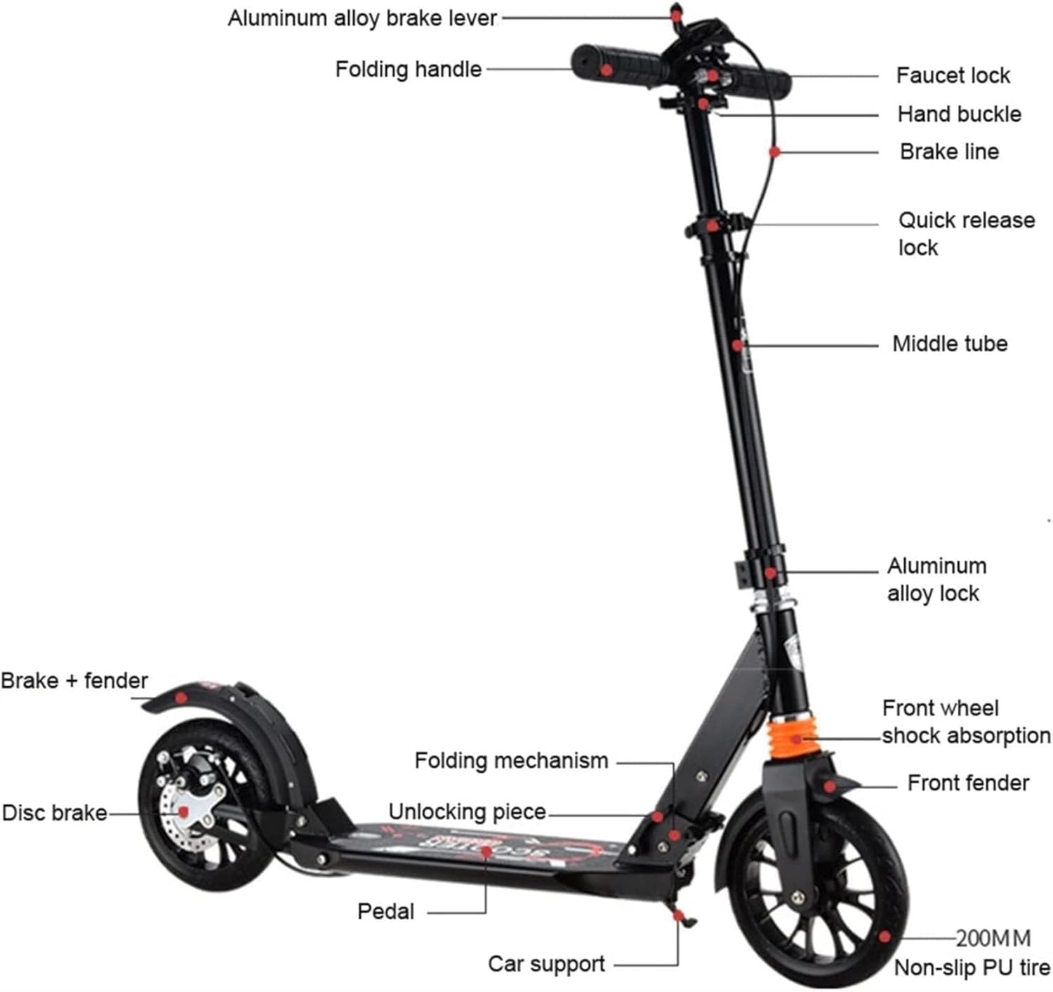 Kick Scooter Foldable PU 2 Wheels Hand Brake Bodybuilding Aluminum Alloy Urban Foot Scooter Skateboard Scooter (Color : Black)