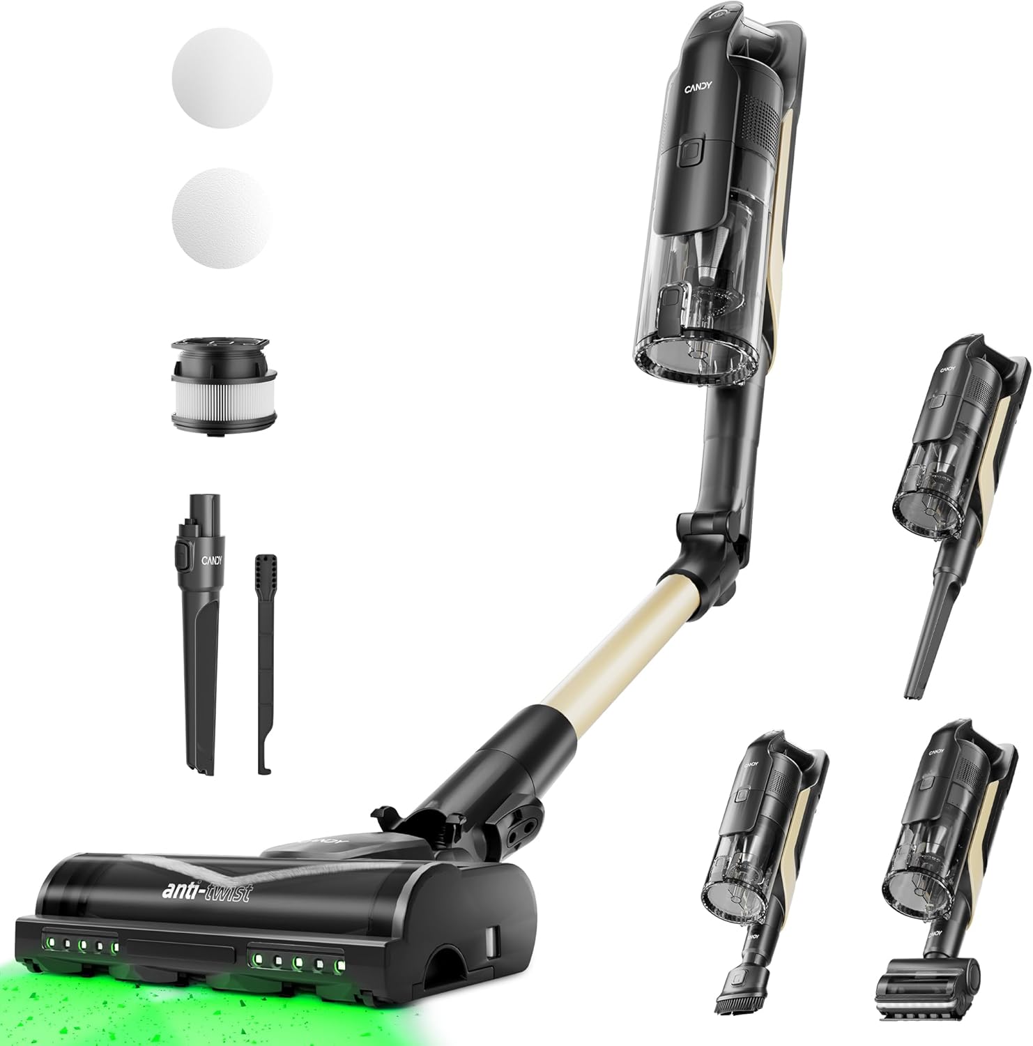 Candy Cordless Stick Vacuum Cleaner, 320AW Powerful Suction, 100min Runtime, Flexi-Fold Tube, SmartSense Tech, LED Headlights, Pet Hair Pickup, Pet & Crevice Tools, for Hard Floor & Carpet, CVS60