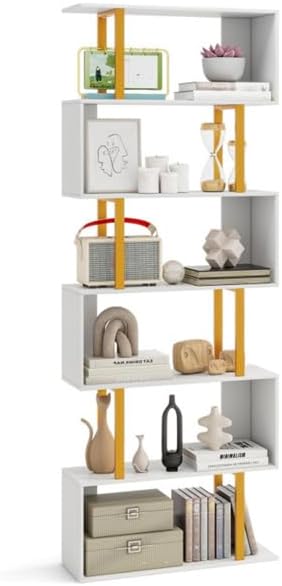 Book Shelves for Bedroom, Modern Decorative Display Shelf Tall Book Case for Home Office, Bookshelves Storage Rack for CDs/Movies/Books, White Bookcase, Utility Organizer Shelves (6-Tier)