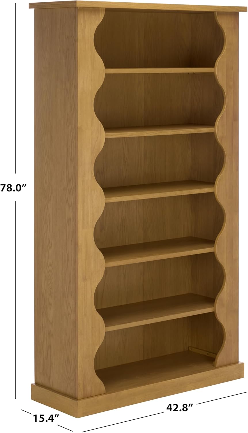 SAFAVIEH Couture Collection - Tristyna Natural Brown Wood 6-Shelf Bookcase with Sculpted Side Panels, Modern Oak Veneer Display (SFV4245B)