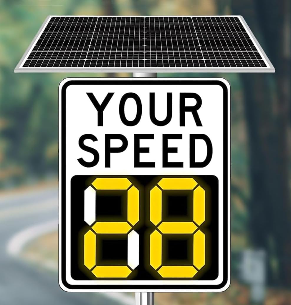 Solar Powered Radar Feedback Sign - LED Traffic Speed Display Warning Board, Speed Limit Sign with Accessories, For Highways & Speed-Limited Roads