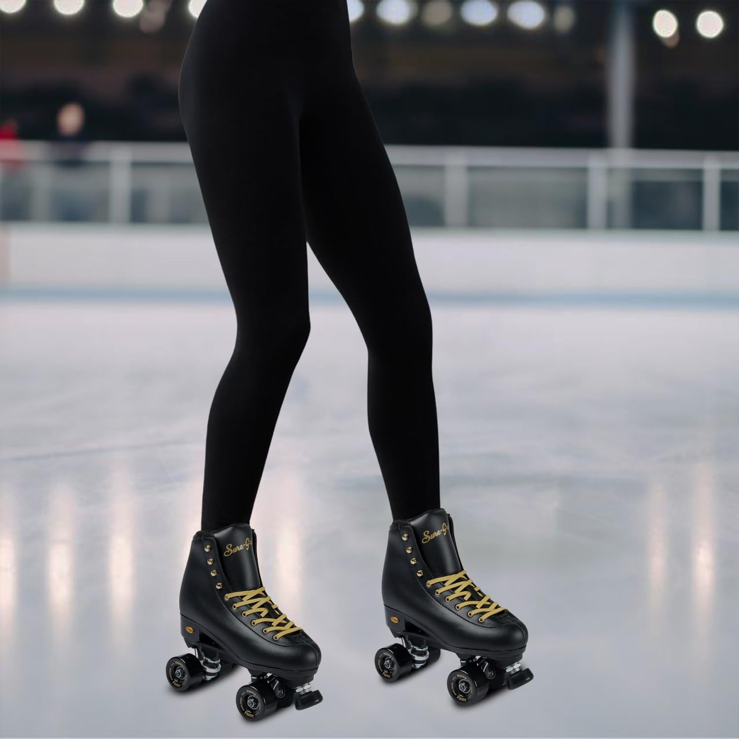 Sure-Grip Fame Black & Gold Unisex Indoor Roller Skates - Vegan Boot with Microfiber Lining - Offers Rock Nylon Plate & Aluminum Trucks - Matching 57mm Fame Black Indoor Wheels - Ideal for Beginners