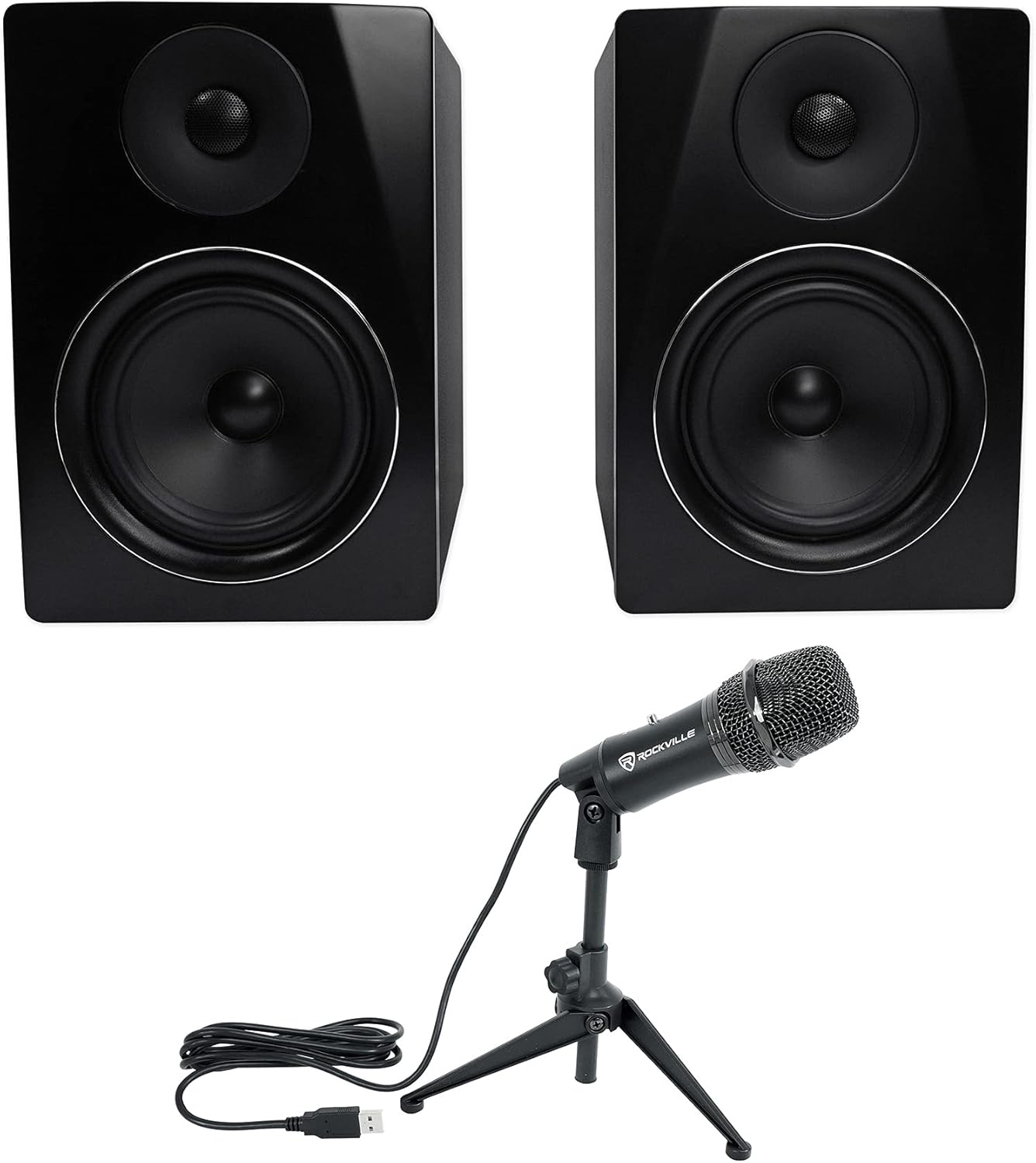 Rockville APM6B Bundle: 6.5 in 2-Way 350-Watt Peak/175-Watt RMS Active Studio Monitor Speakers Pair, Z-Stream USB Condenser Computer Microphone for Home Recording and Podcasting, 3-Items