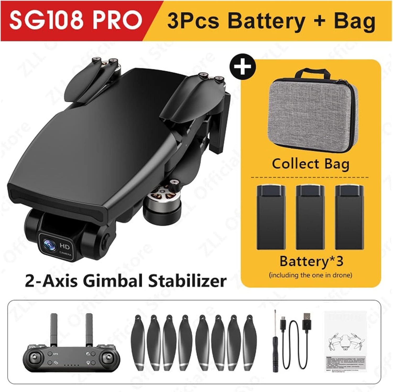 Foldable Drone Quadcopter Two- Gimbal Camera Drone GPS 5G WiFi 4K Mini Quadrocopter Professional Brushless Motor Dual Cam RC Drone (Color : Black 2B Bag Size : 1) (Pro Blac 3B Bag 1)