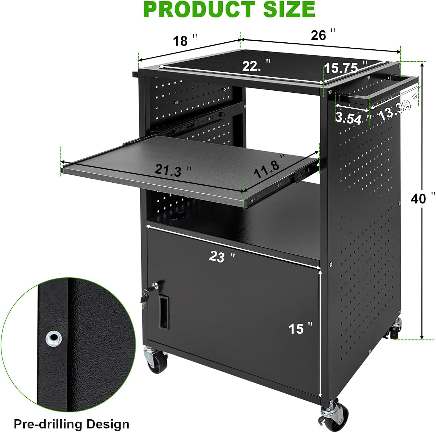 AV Cart, Computer Carts with Wheels and Power, Steel Cart with Locking Cabinet & Pullout Keyboard Tray, Projector Media Carts with Side Pegboard & 12 Hooks for School Office, Black