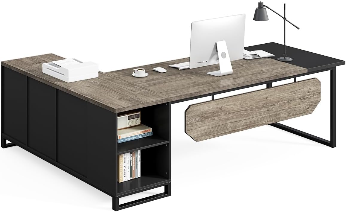 LITTLE TREE 70.8 Inches Executive Desk and 55 Inches File Cabinet Combo, Large L Shaped Computer Desk with Storage Cabinet and Shelves, Modern Business Furniture for Home Office, Grey & Black