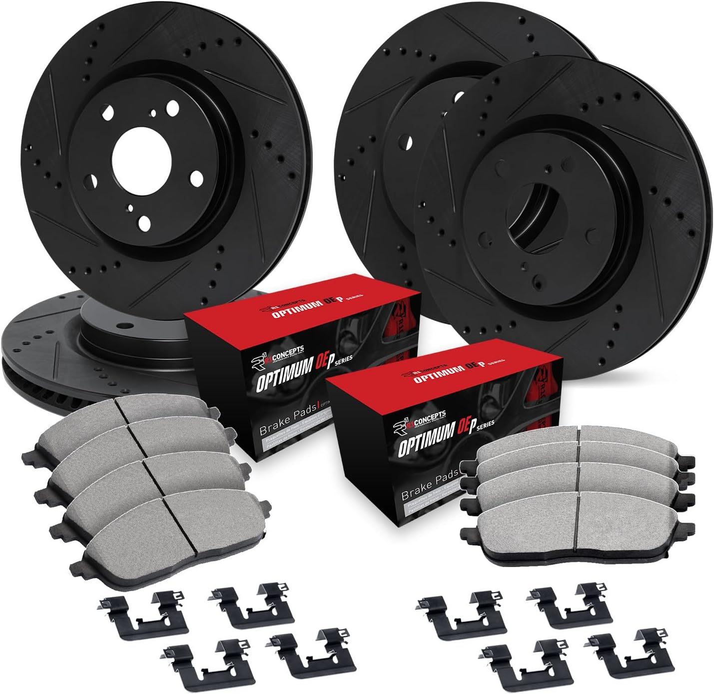 R1 Concepts Front and Rear Brake Kit For 2017-2020 Lexus GS, 2015-2022 Lexus RC F| Drilled Slotted Brake Rotors| Optimum OEP Brake Pads and Rotors Kit| Hardware included