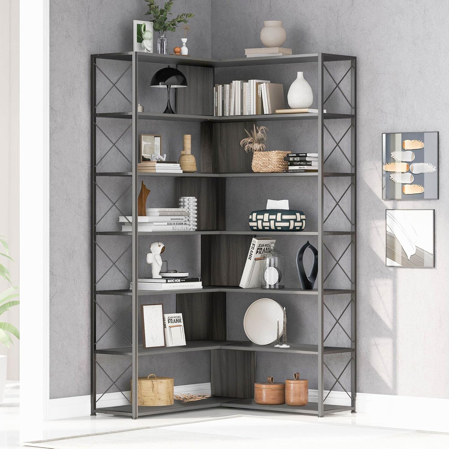 L-Shaped Design 7-Tier Bookcase Home Office Bookshelf, Industrial Corner Bookcase with Metal Frame and Open Storage Shelf, Heavy-Loaded Capacity (Silver+Grey)