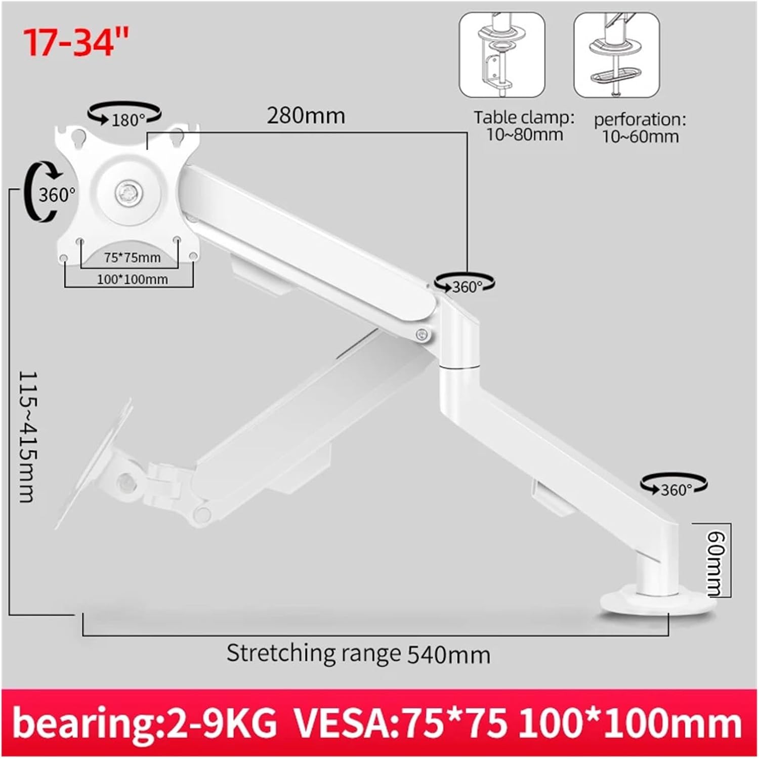 M5W 17-34 inch LCD LED monitor stand with gas springs, fully dynamic, flexible computer monitor stand, load-bearing capacity 2-9 kg