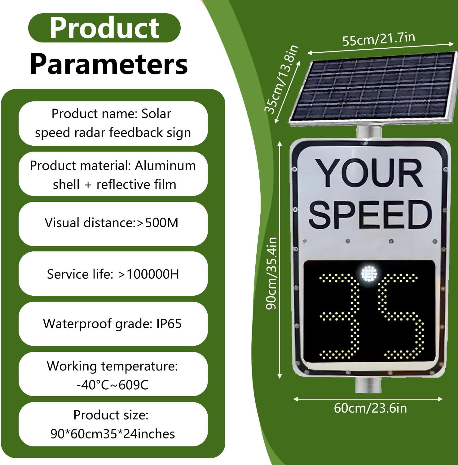 Solar Powered Radar Speed Limit Sign - LED Display for Highways & Speed-Limited Roads - 600mm x 900mm - Includes Accessories for Enhanced Safety & Visibility