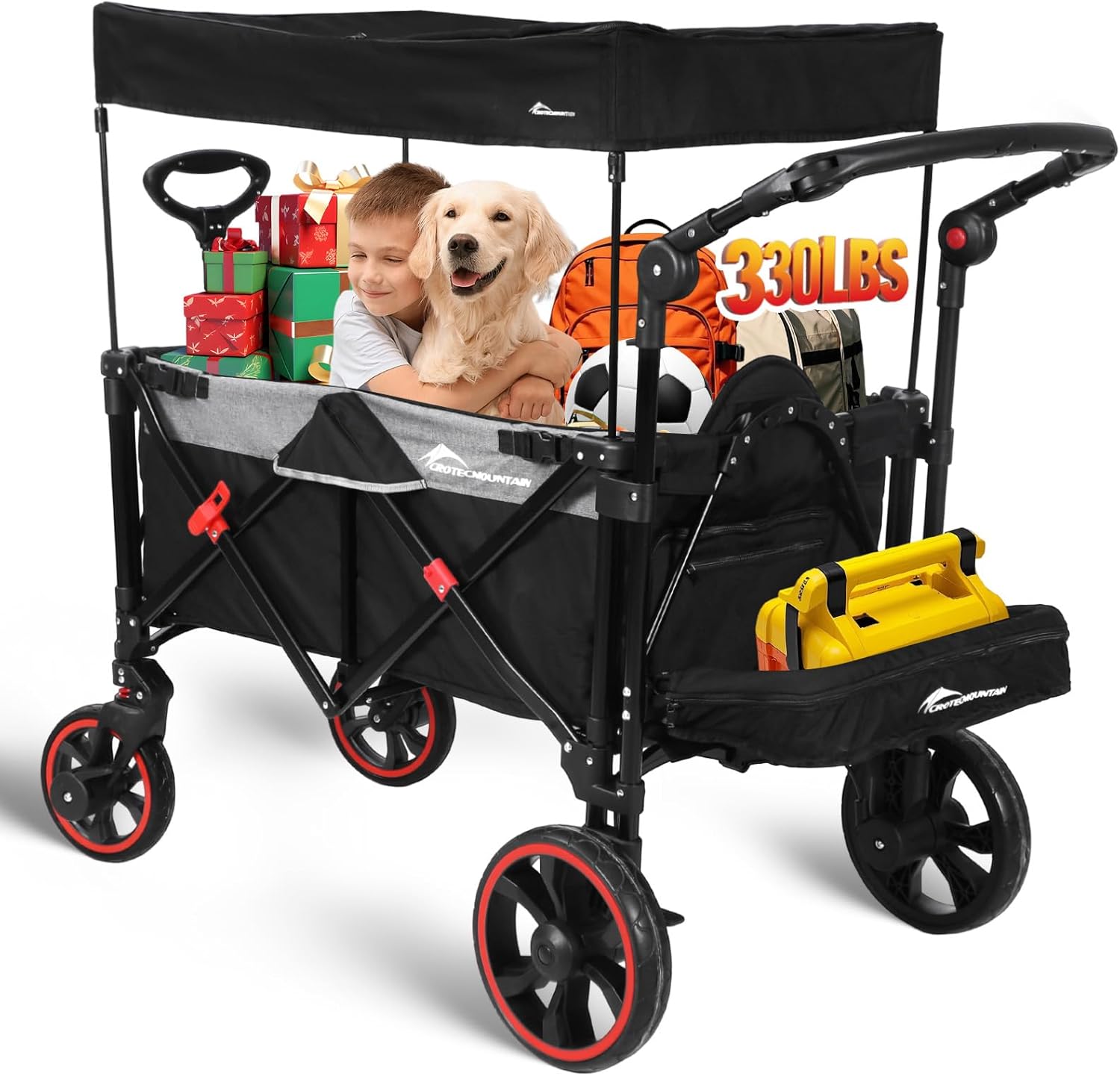 Collapsible Canopy Wagon, Foldable Wagon Stroller with 330LBS, Heavy Duty Cart with Shock-Absorbing Wheels, Adjustable Push Pulling Handles for Camping, Garden, Sports, Shopping, Black