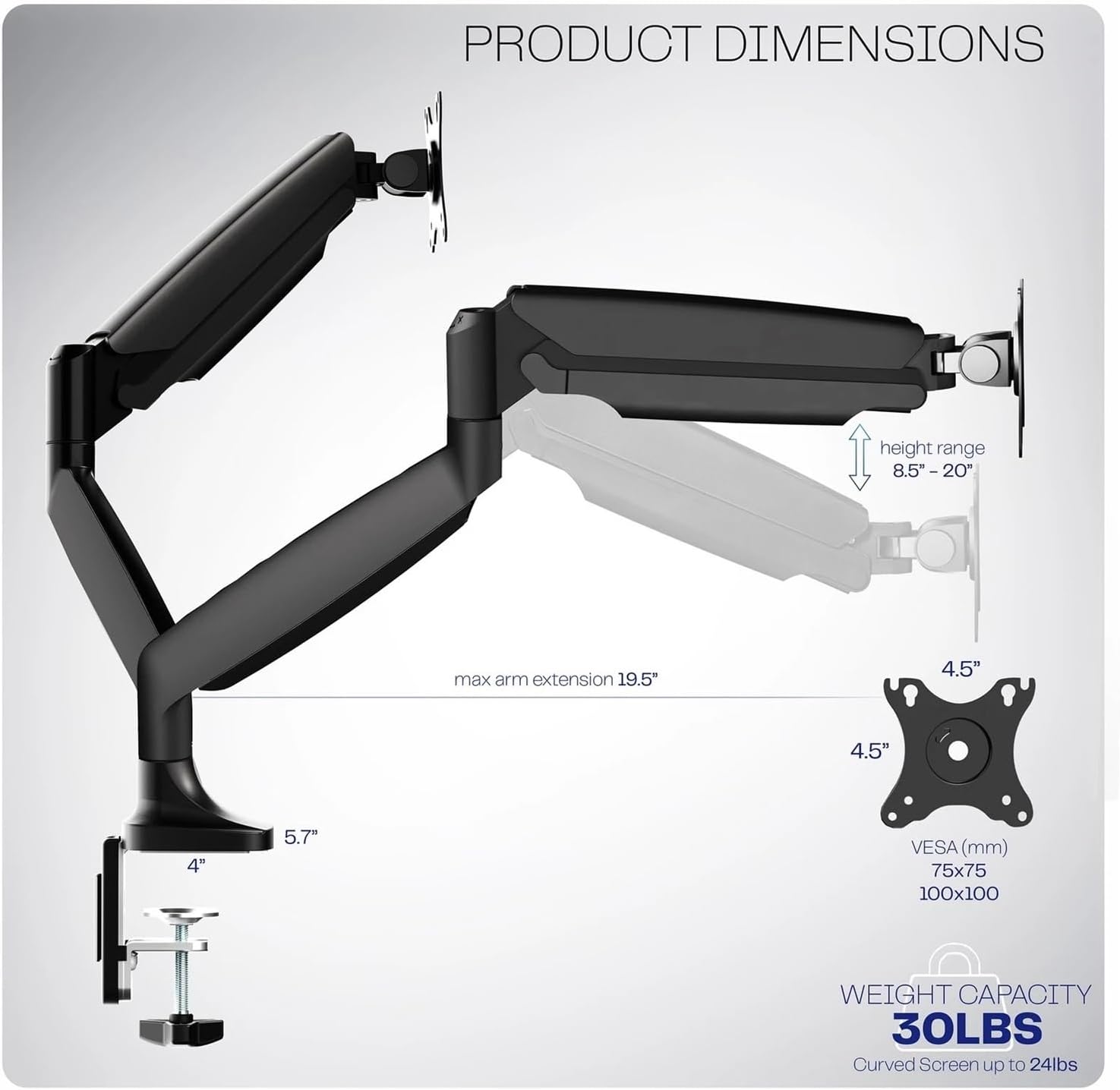Dual Extra Wide 40 Inch Computer Monitor Desk Stand with Pneumatic Spring Arms -