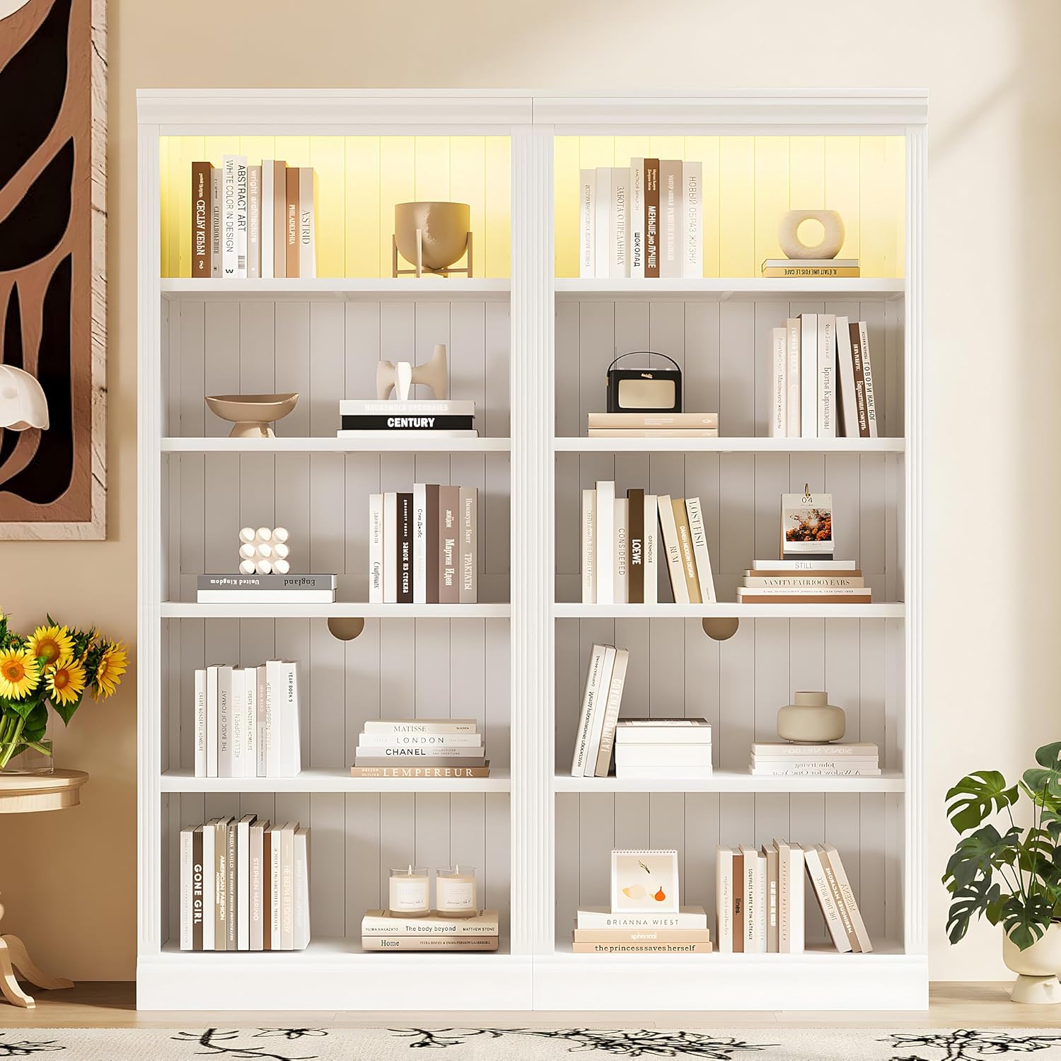 MaiDeHaoo 5-Tier Large Wide Bookshelves with Adjustable Shelves and LED Light Strip Freestanding Display Storage Shelves Tall Bookshelf and Bookcase for Living Room Home Office - White