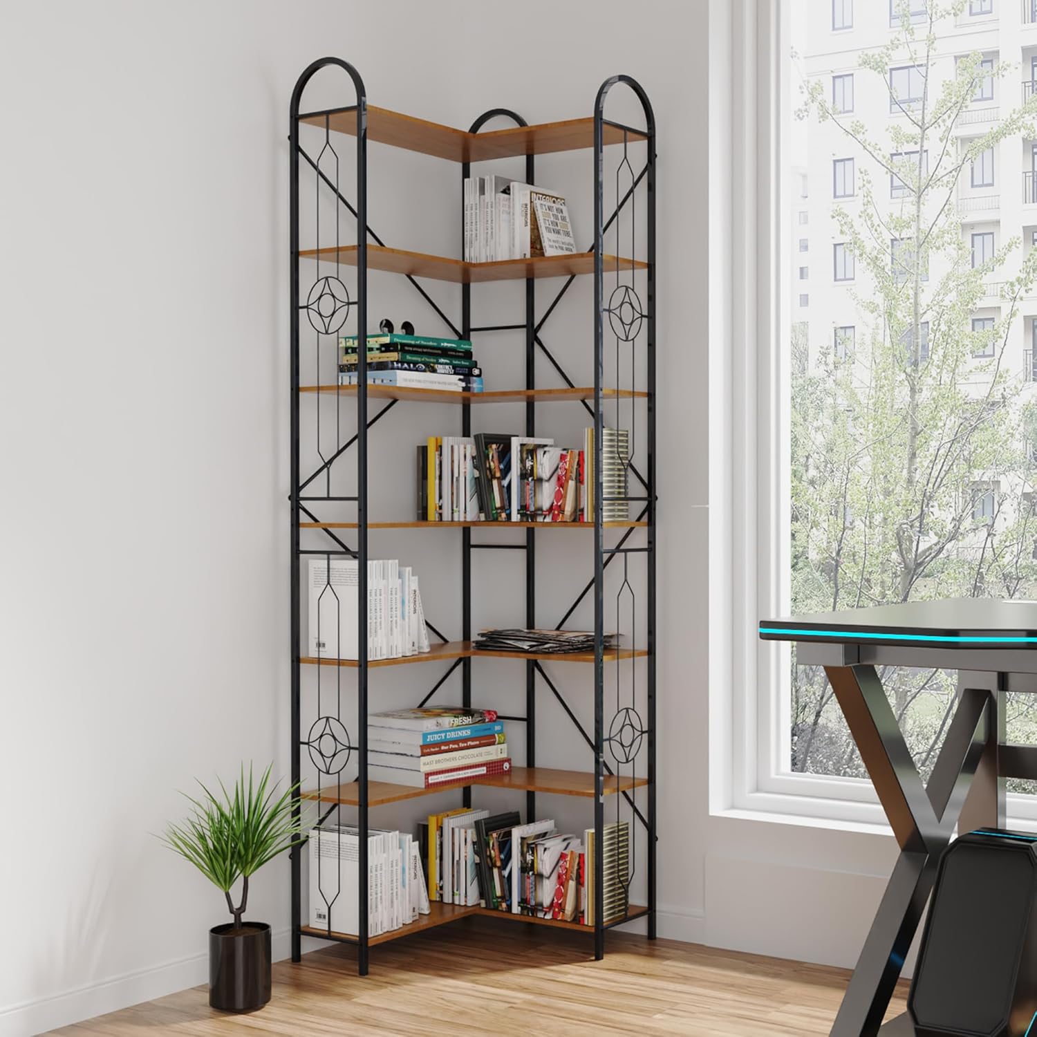 INTERHOMART 86'' Tall Corner Bookshelf, 7 Tier Bookcase with Wood and Metal Frame, L Shaped Industrial Freestanding Display Shelf for Bedroom, Living Room, Home Office