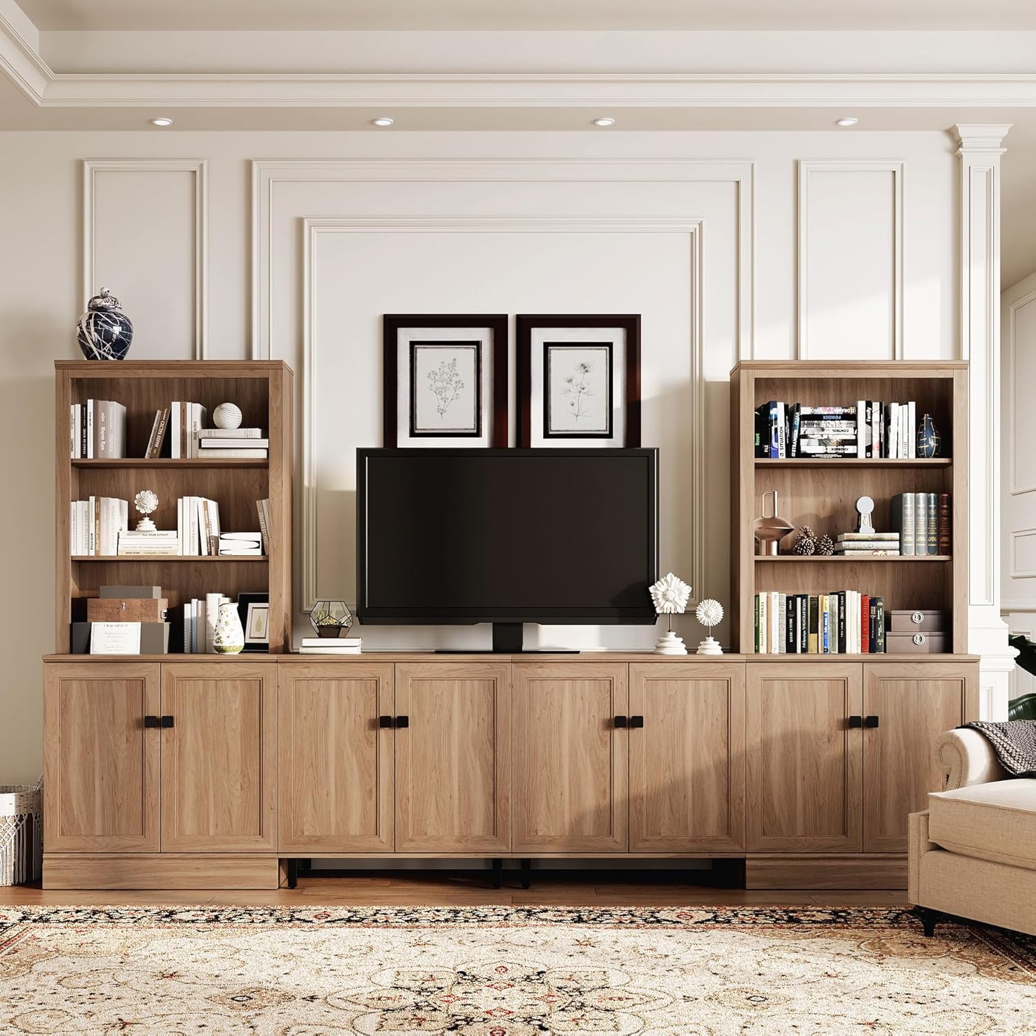 FENLINJOY 72 Inch Tall 5 Shelf Bookcase, Classic Oak Display Bookcase with 3 Open 2 Shelf Door Paneled Shelves, Library, Living Room, Dining Room, Kitchen