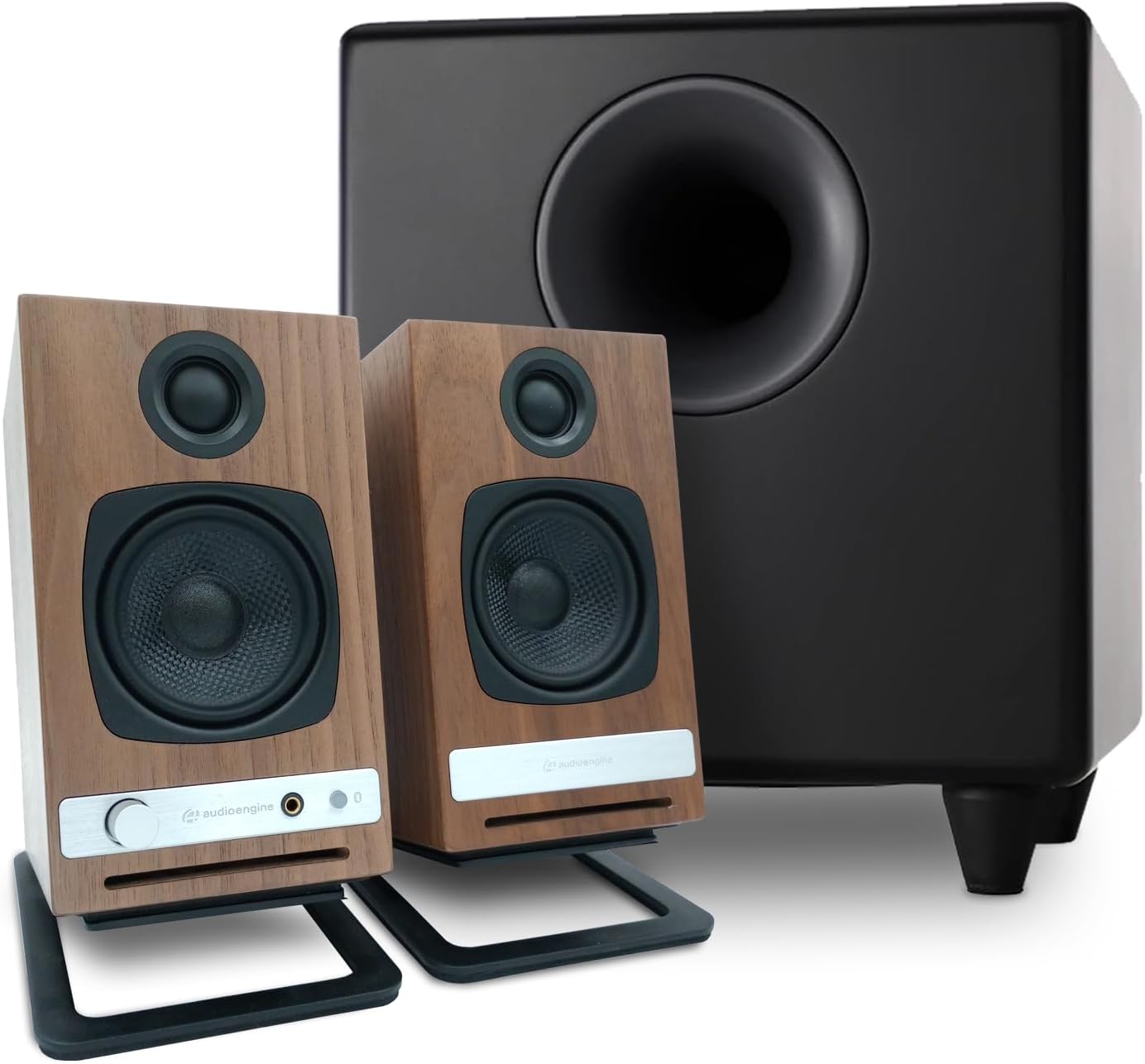 Audioengine A2 HD Walnut Computer Speakers with S8 White Subwoofer and DS1M Stands