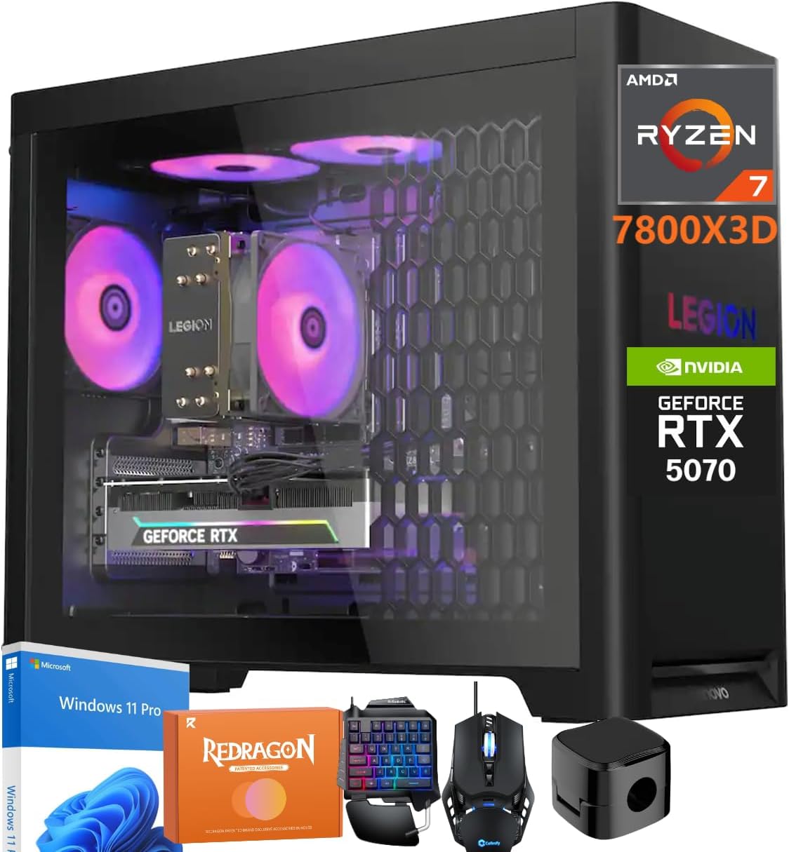 Lenovo Legion T5 Gaming Desktop PC, AMD Ryzen 7 7800X3D, NVIDIA GeForce RTX 5070 12GB GDDR7, 64 GB DDR5 RAM, 8 TB SSD + 2 TB HDD, WiFi 6E, Bluetooth5.4, Win 11 Pro, Whisper-Quiet Cooling, Accessories