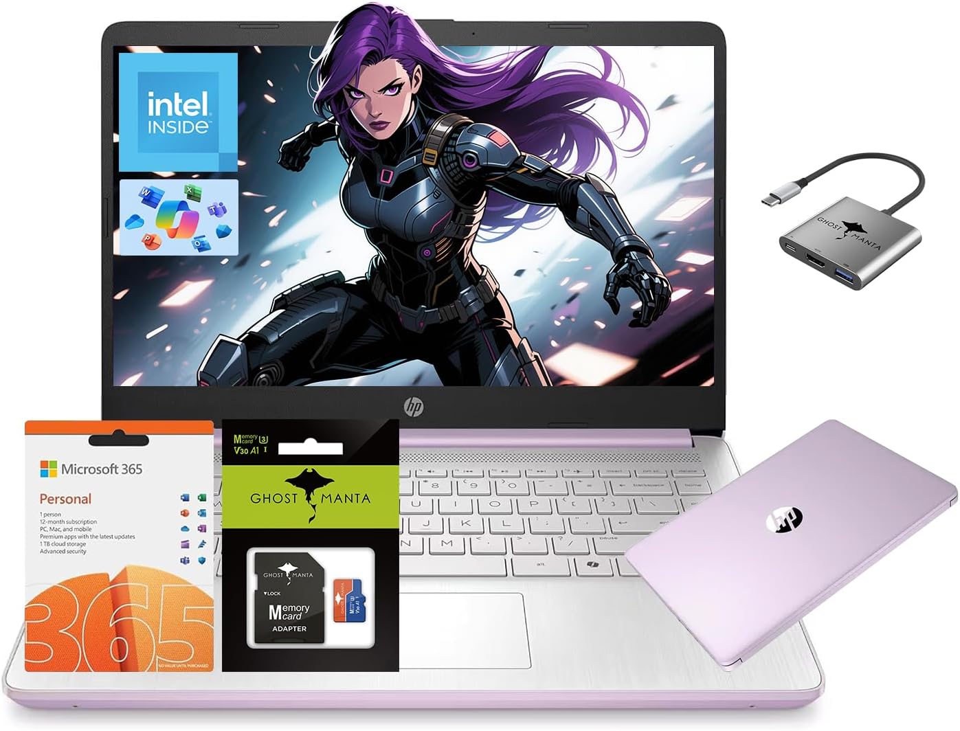 HP 14 Laptop, Quad-Core (Beat i3) 4GB RAM 256GB Storage(128GB UFS + 128GB SD Card) 1-Year Office 365 Copilot AI Computer for Student Study Back to School Win11 w/GM Accessory