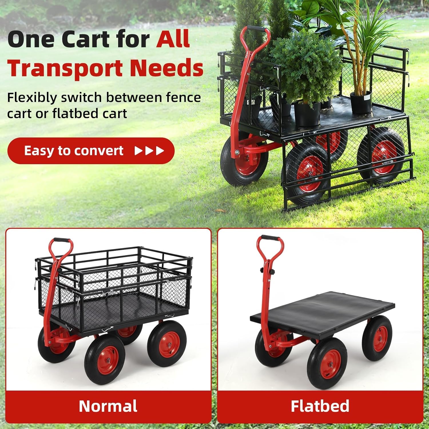 Heavy Duty Steel Garden Cart, 1400 LBS Capacity 3 in 1 Pullable Garden Wagon with 16