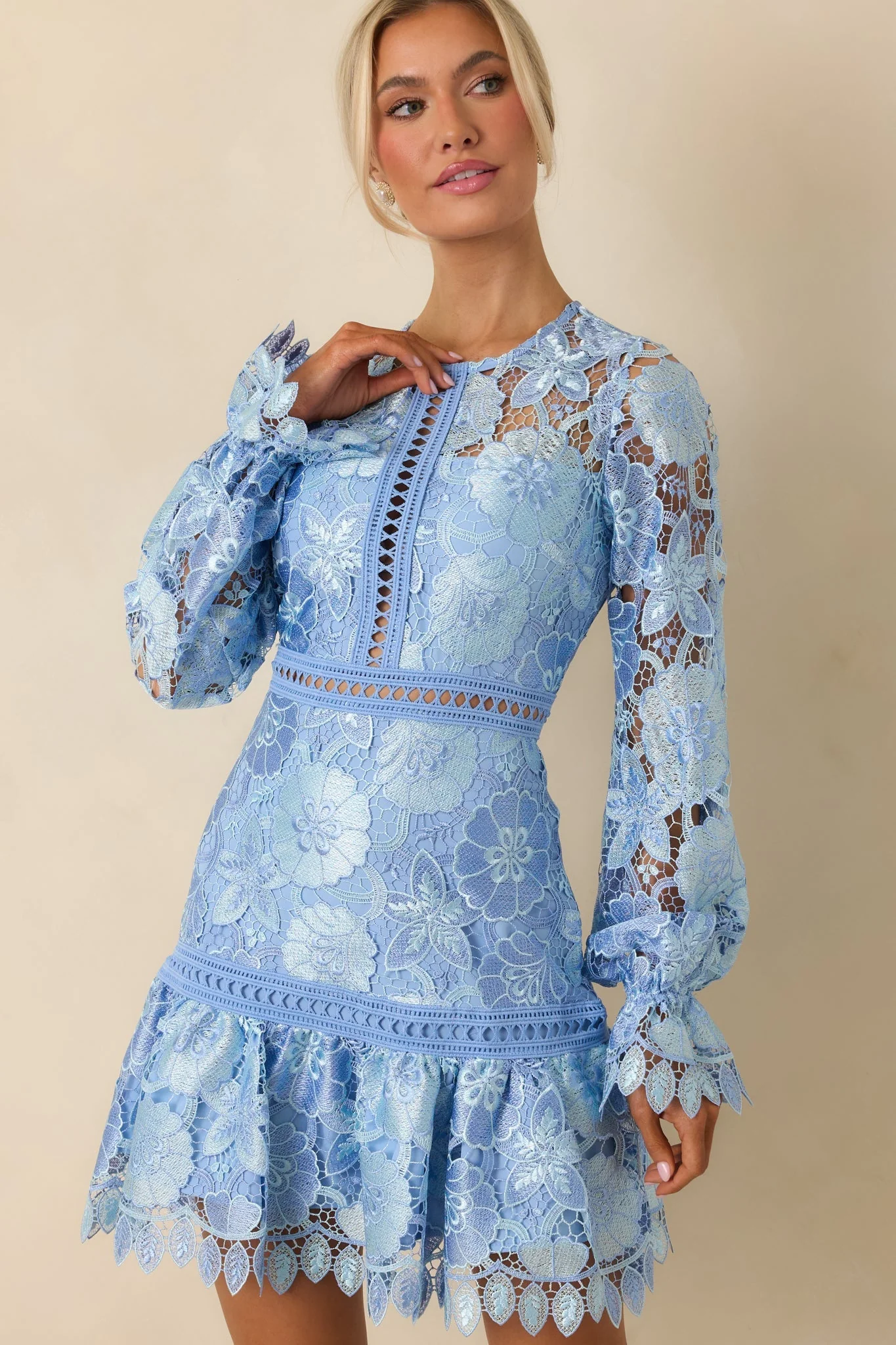 Keep It Authentic Light Blue Floral Embroidered Mini Dress