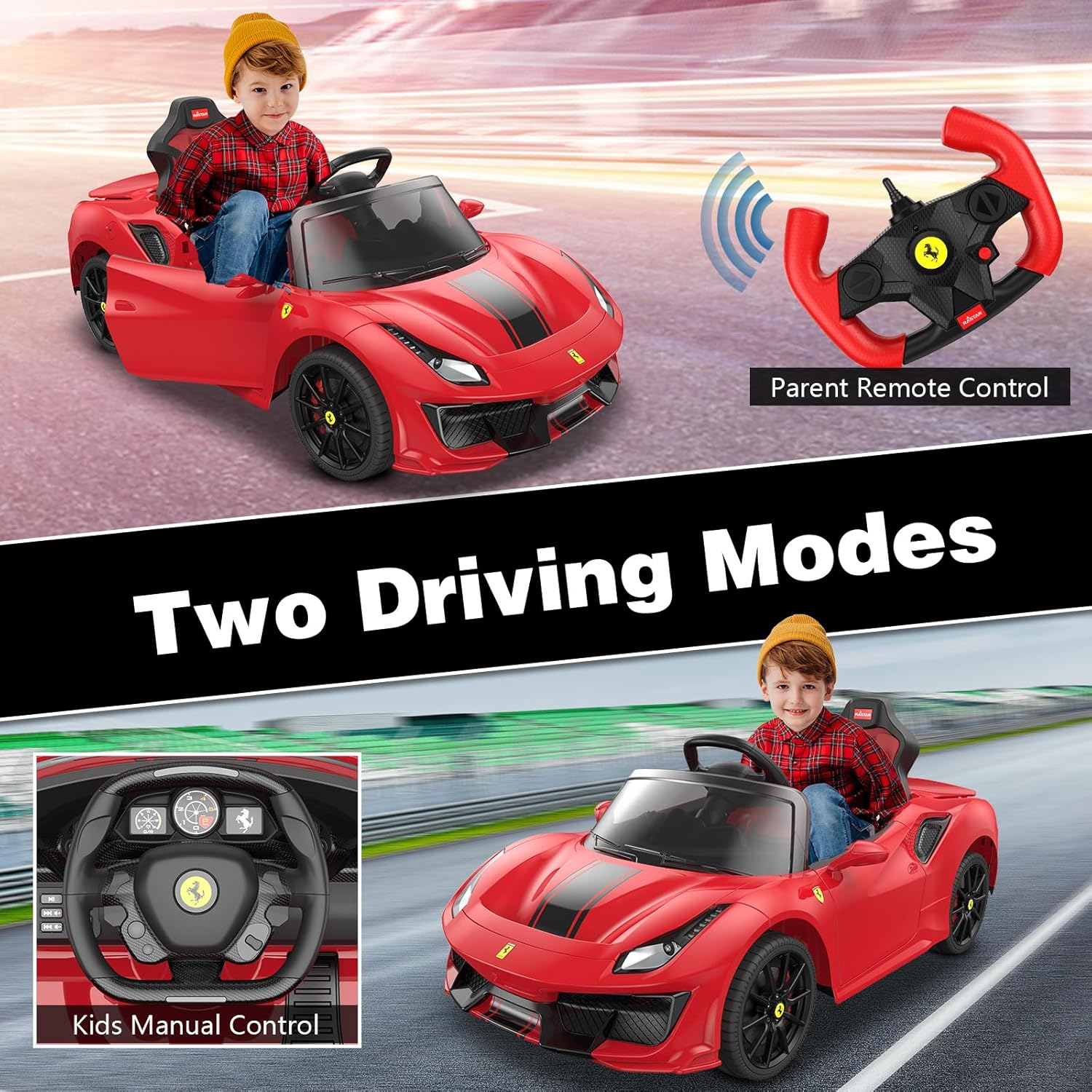 DIKEP 12V Kids Electric Ride On Car, Licensed Ferrari 488 Pista Spider Powered Ride On Toy Vehicle with Remote Control, Speaker, Openable Doors, Leather Seat, Spring Suspension, LED Lights, MP3, Red