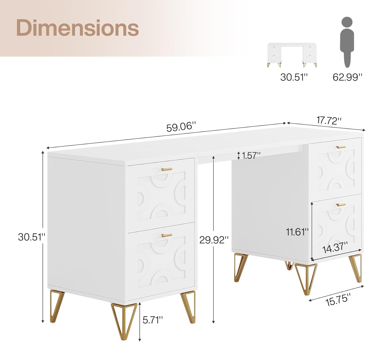 Tribesigns 59-Inch Makeup Vanity Desk with 4 Drawers, White Dressing Table with Storage, Modern Beauty Table Simple Home Office Computer Desk with Gold Legs for Bedroom (Without Mirror)